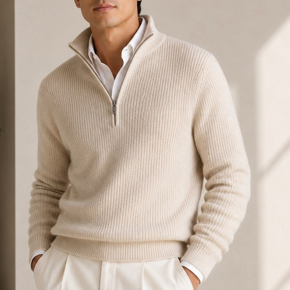 Quince Sweater Organic Cotton Ribbed Quarter Zip Travel Speckled Beige Med NWOT